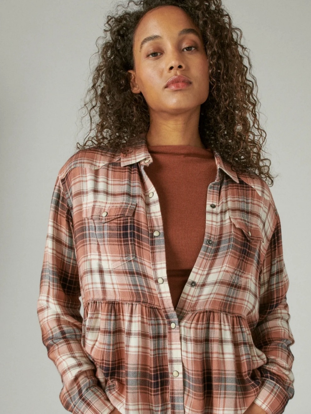 Lucky brand women’s Plaid Western Babydoll Shirt size XL NWT AA-18